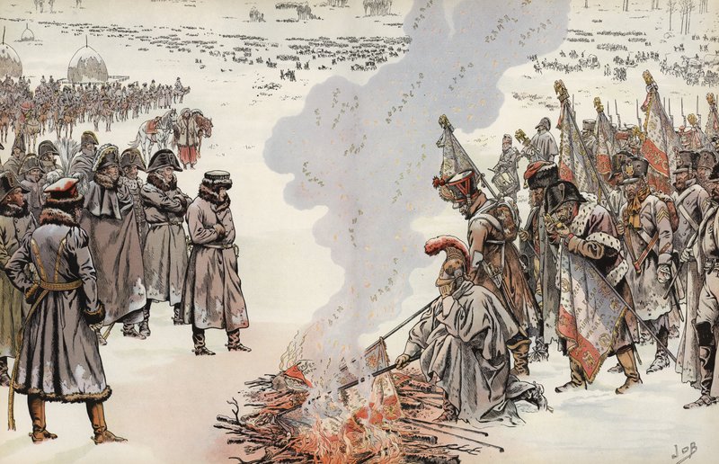 Napoleons russiske kampanje, brenning av standardene, 23. november 1812. av Onfray de Breville Job