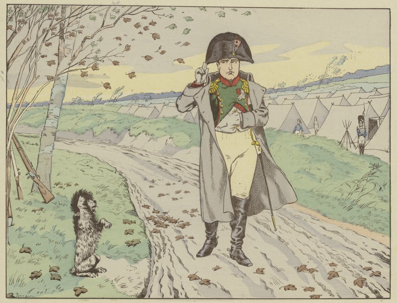 Soldatene fra den gamle garde trente hundene sine til å hilse på keiseren, som returnerte saluttene deres, 1805 av Onfray de Breville Job