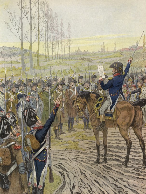 Ordene til Napoleon ble lest opp for noen av troppene hans under kampanjen til Rhinen, 1805 av Onfray de Breville Job