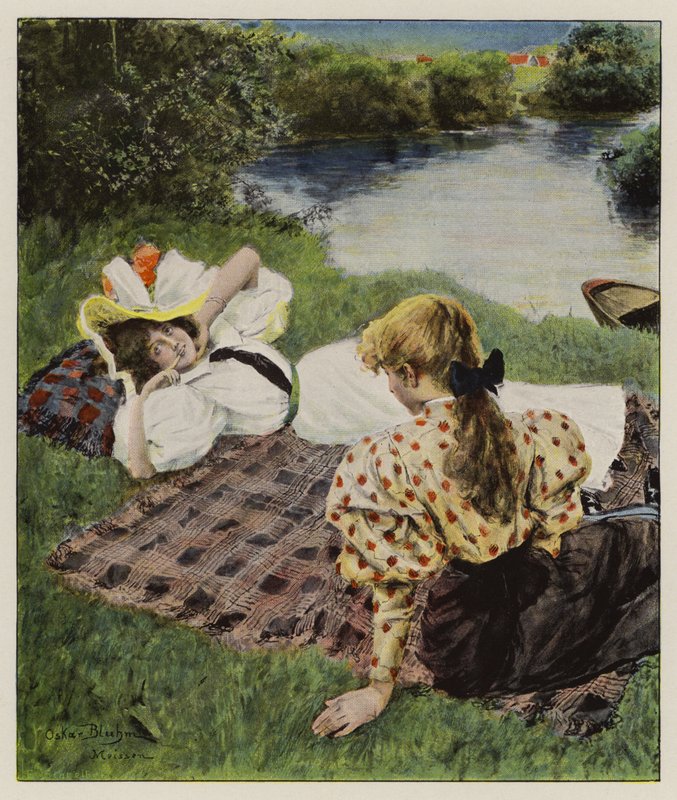To unge kvinner slapper av på en elvebredd og diskuterer å være forelsket (farge litho) av Oscar Bluhm