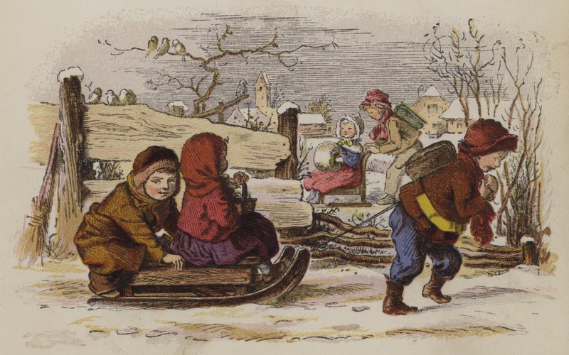 Barn leker med slede i snøen av Oskar Pletsch