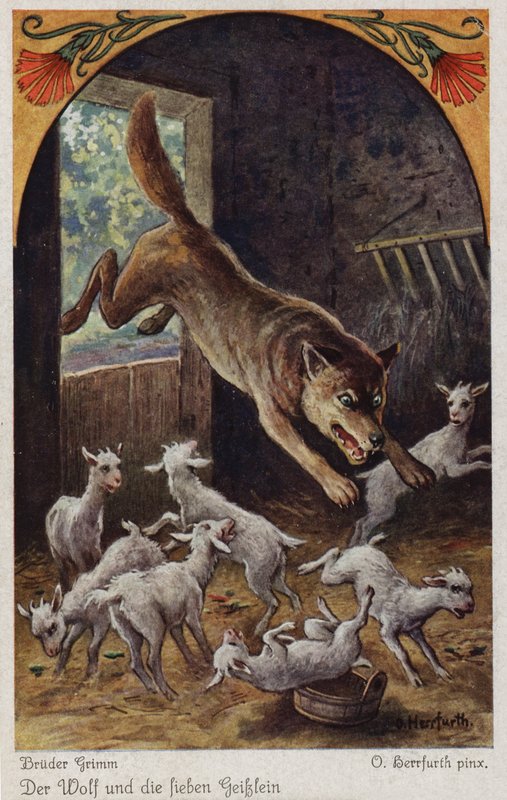 Scene fra Ulven og de syv unge barna, av brødrene Grimm av Oskar Herrfurth