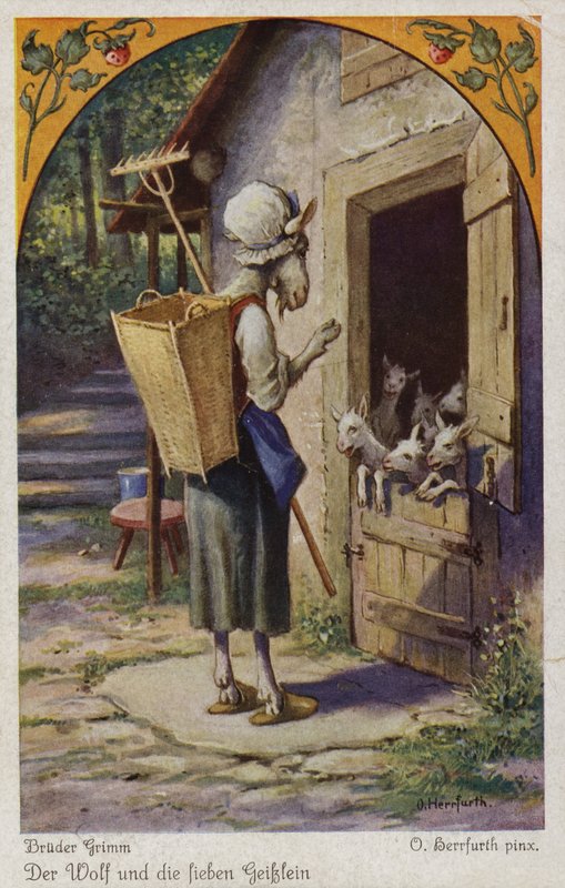 Scene fra Ulven og de syv unge barna, av brødrene Grimm av Oskar Herrfurth