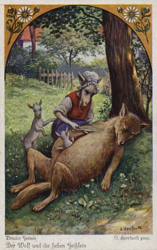 Scene fra Ulven og de syv unge barna, av brødrene Grimm av Oskar Herrfurth
