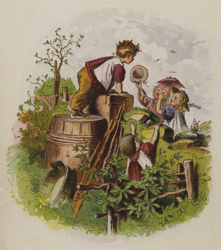 Gruppe barn som leker utendørs (farge litho) av Oskar Pletsch