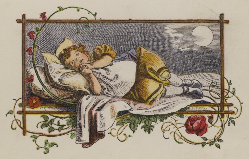 Liten jente sover i sengen om natten (farge litho) av Oskar Pletsch