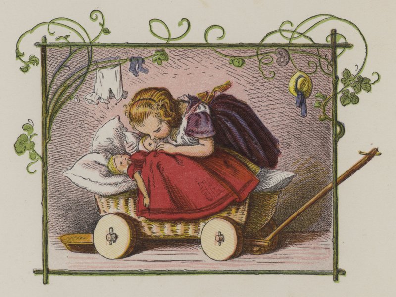 Liten jente kysser dukkene sine godnatt (farge litho) av Oskar Pletsch