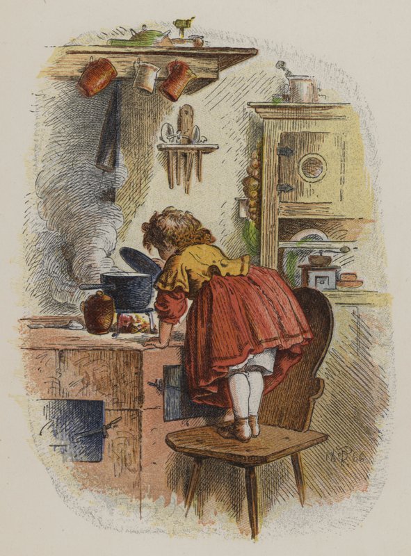 Liten jente ser inn i en kjele på en komfyr (farge litho) av Oskar Pletsch
