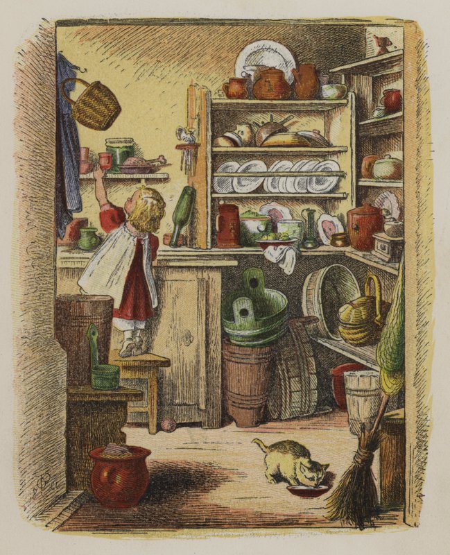 Liten jente som strekker seg etter en gjenstand på en høy hylle (farge litho) av Oskar Pletsch