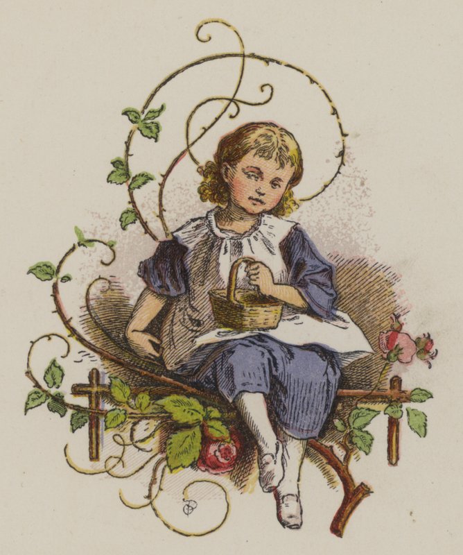 Liten jente sitter og holder en kurv (farge litho) av Oskar Pletsch