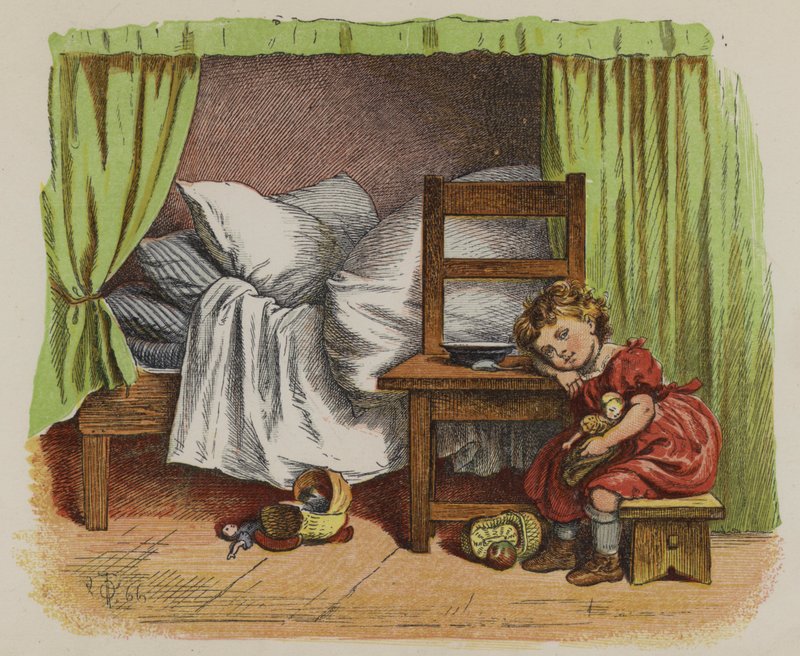 Liten jente som sitter ved siden av sengen hennes (farge litho) av Oskar Pletsch