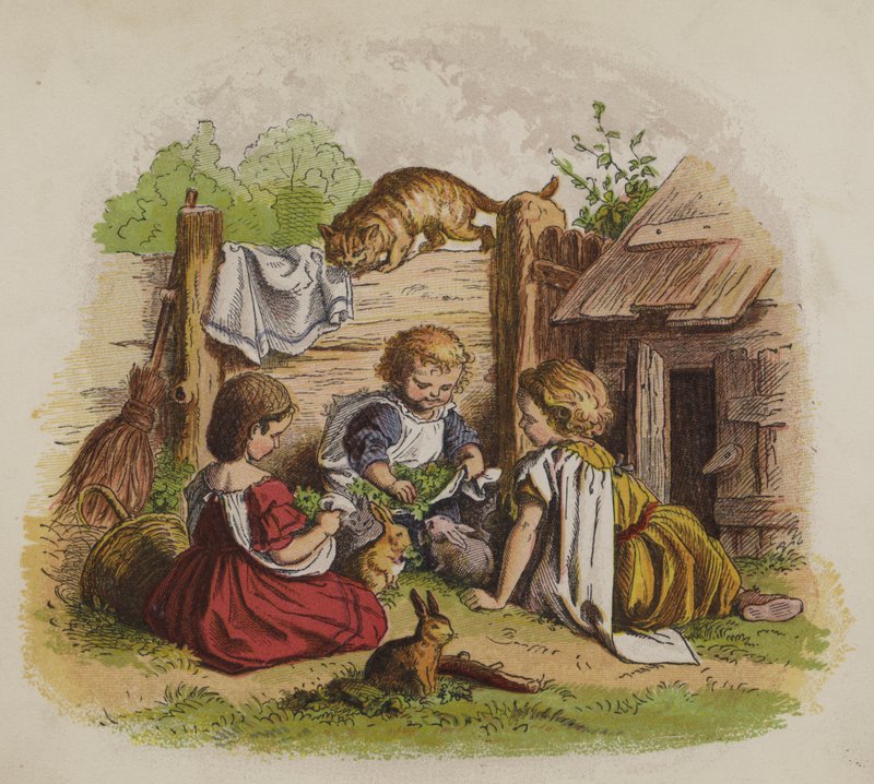 Tre jenter som leker med kjæledyrkaninene sine, overvåket av en katt (farge litho) av Oskar Pletsch