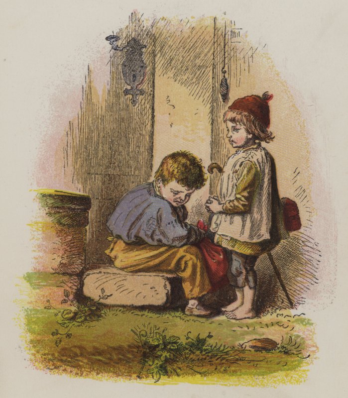 To gutter på dørstokken til et hus (farge litho) av Oskar Pletsch