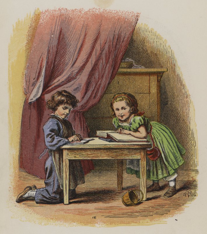 To barn leser bøker (farge litho) av Oskar Pletsch
