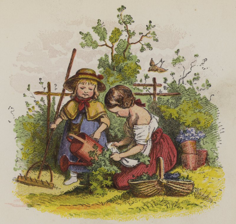 To jenter i hagearbeid (farge litho) av Oskar Pletsch