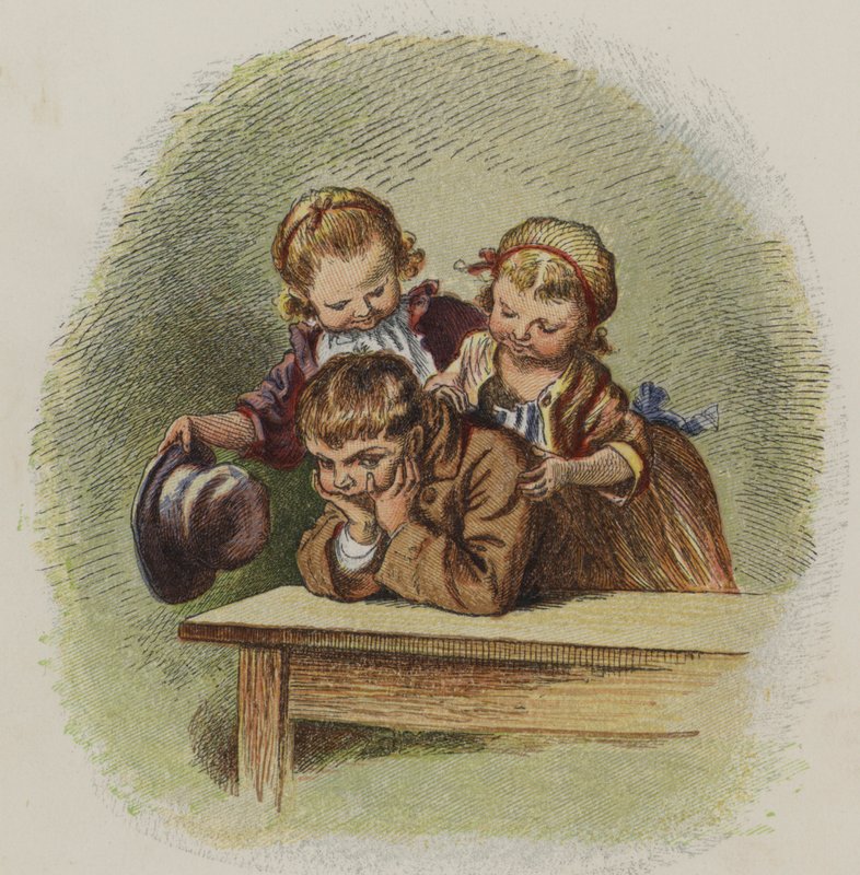 To små jenter prøver å muntre opp en gretten gutt (farge litho) av Oskar Pletsch