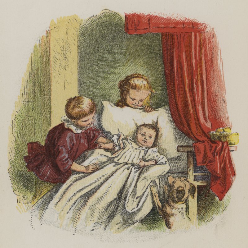 Ung gutt og jente ser på en baby (farge litho) av Oskar Pletsch