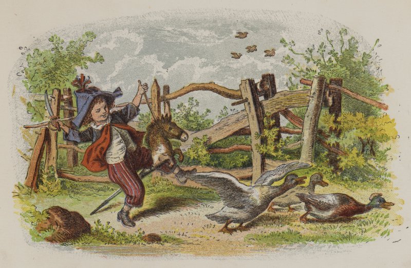 Ung gutt leker på hobbyhesten sin og skremmer en gruppe gjess (farge litho) av Oskar Pletsch