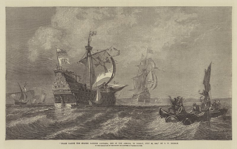 Drake tar den spanske galleonen Capitana, One of the Armada, til Torbay, 22. juli 1588, på utstillingen til Society of Painters in Water-Colours av Oswald Walters Brierly
