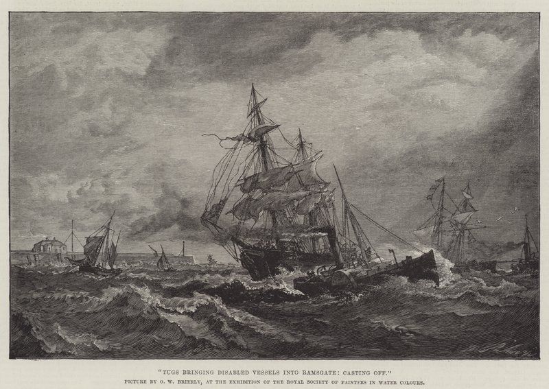 Taubåter som bringer funksjonshemmede fartøyer inn i Ramsgate og kaster av av Oswald Walters Brierly