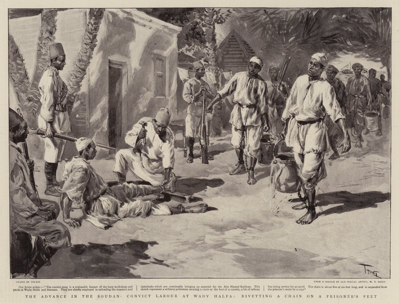 The Advance in the Soudan, straffedømte arbeidere ved Wadi Halfa, nagling av en kjede på en fanges føtter av Oswaldo Tofani