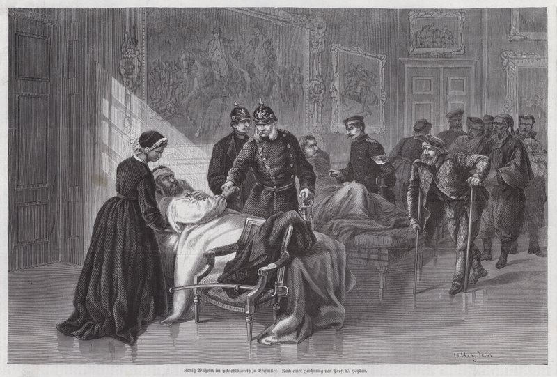 Kong Wilhelm I av Preussen møter sårede soldater i Palais de Versailles, Frankrike, den fransk-prøyssiske krigen av Otto Johann Heinrich Heyden