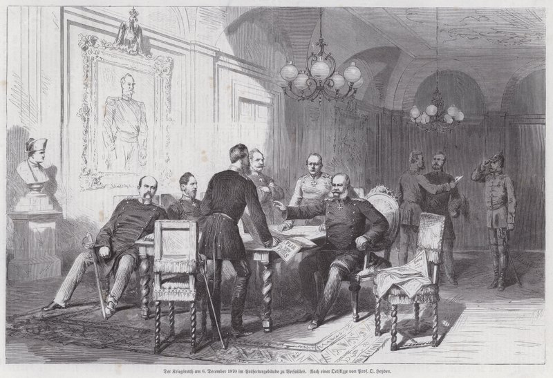 Preussiske hærsjefer som holder et krigsråd i Versailles, fransk-prøyssisk krig, 6. desember 1870 (gravering) av Otto Johann Heinrich Heyden