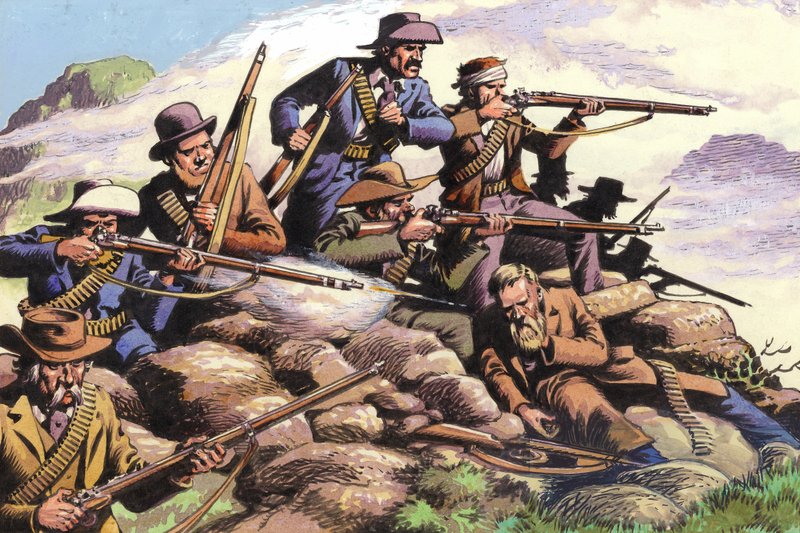 1880, Boers of the Transvaal som kjemper ved Majuba Hill under den første boerkrigen (gouache på papir) av Pat (1907-95) Nicolle