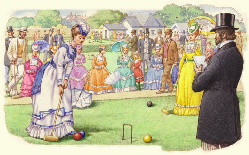 Et krokketspill på All-England Club i Wimbledon (gouache på papir) av Pat (1907-95) Nicolle