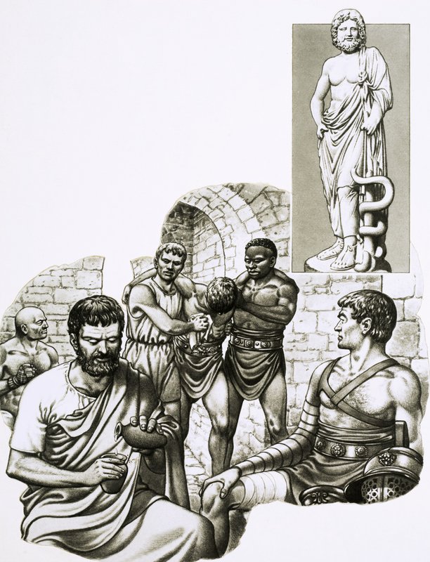En lege ved gladiatorlekene lapper sammen overlevende av Pat (1907-95) Nicolle