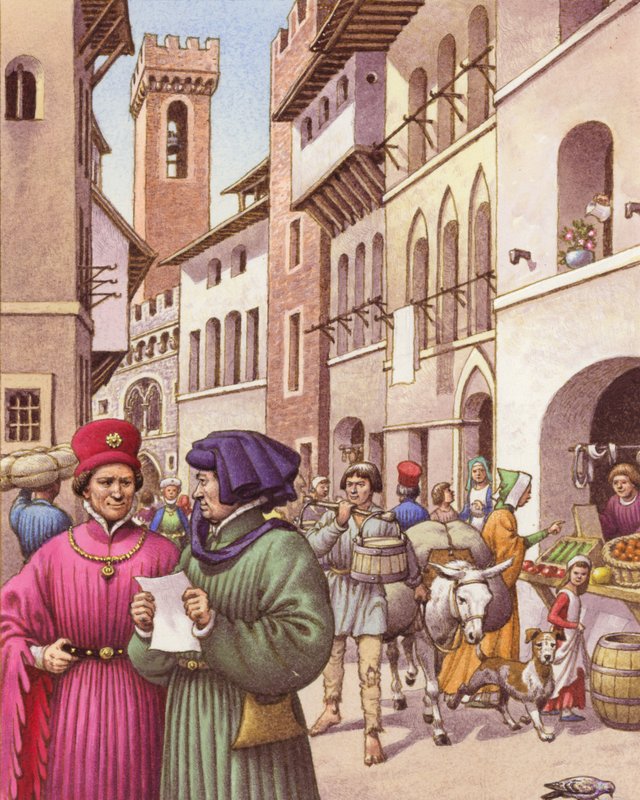 Et typisk gatebilde i Firenze tidlig på 1400-tallet (gouache på papir) av Pat (1907-95) Nicolle