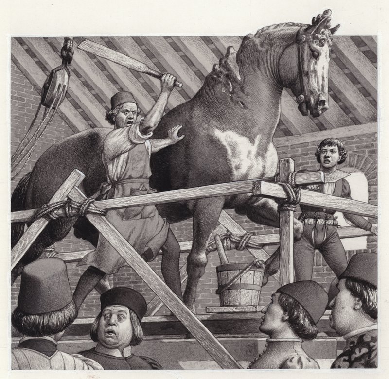 Andrea Verrocchio knuser hodet fra hestestatuen sin (gouache på papir) av Pat (1907-95) Nicolle