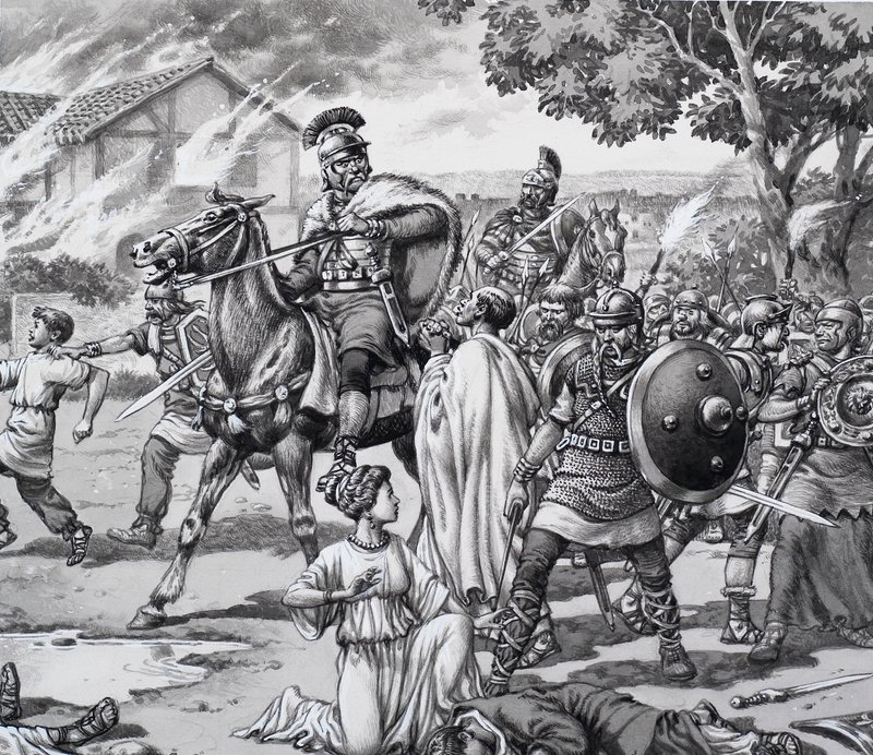 Barbarisk angrep på de romersk-britiske av Pat (1907-95) Nicolle