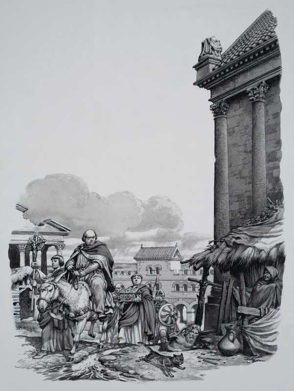 Biskop Mellitus (d. 624) ankommer London (gouache på papir) av Pat (1907-95) Nicolle