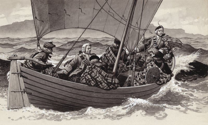 Bonnie Prince Charlie drar til Isle of Skye (gouache på papir) av Pat (1907-95) Nicolle