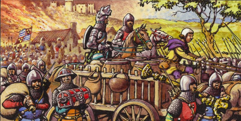 Brenning av byen Bar-sur-Seine i 1359 (gouache på papir) av Pat (1907-95) Nicolle