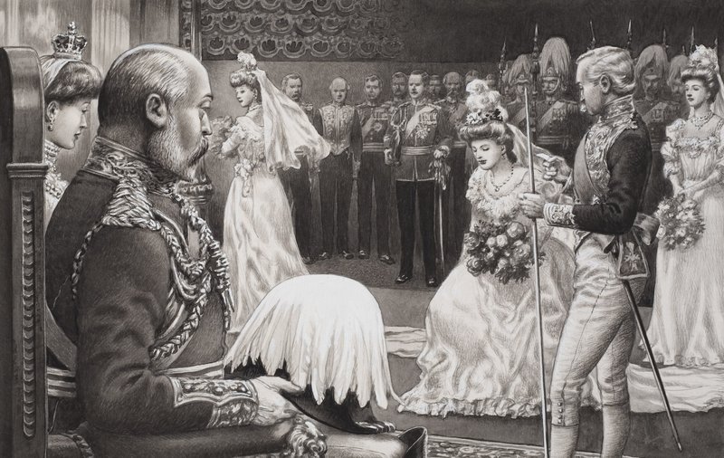 Debutanter blir gitt til Edward VII (1844–1925) og dronning Alexandra (1841–1910) (gouache på papir) av Pat (1907-95) Nicolle
