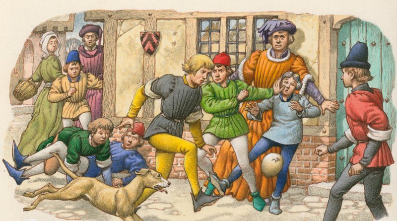 Spill som ligner fotball i middelalderen (gouache på papir) av Pat (1907-95) Nicolle