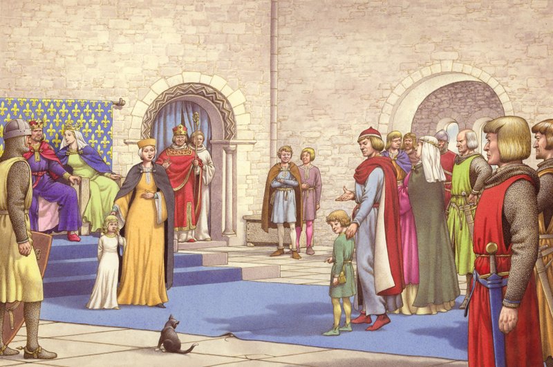 Henrik III giftet seg med Margaret av Frankrike da han bare var fem år gammel (gouache på papir) av Pat (1907-95) Nicolle