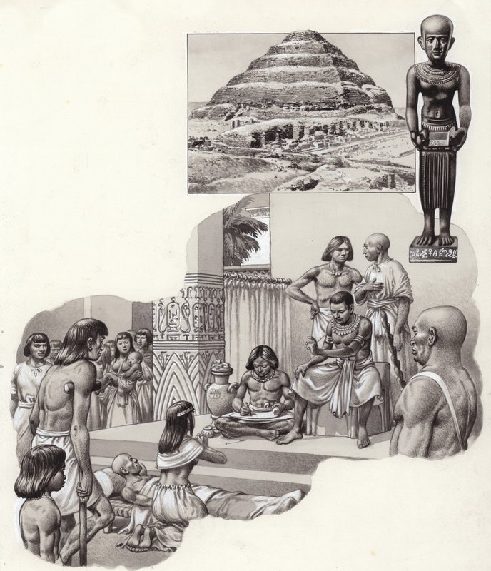 Imhotep «den gode legen» gir råd til en syk mann (gouache på papir) av Pat (1907-95) Nicolle
