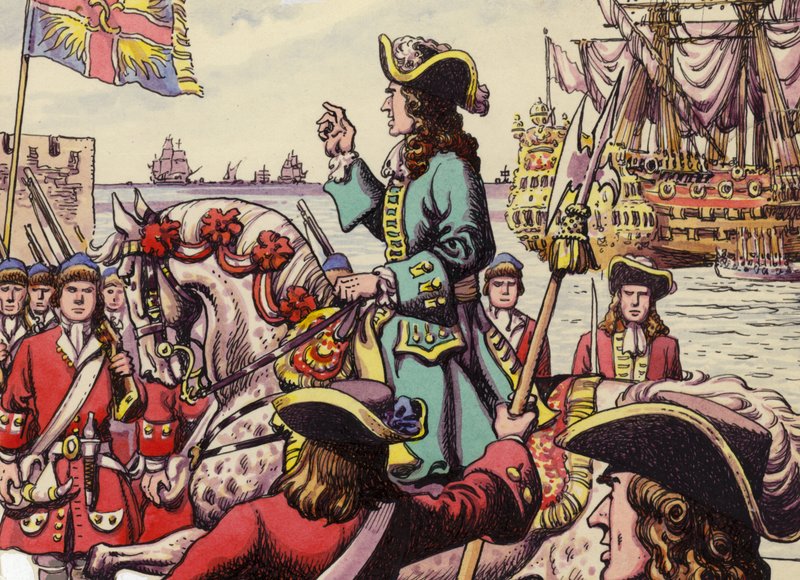 Kong William III lander ved Carrickfergus (gouache på papir) av Pat (1907-95) Nicolle