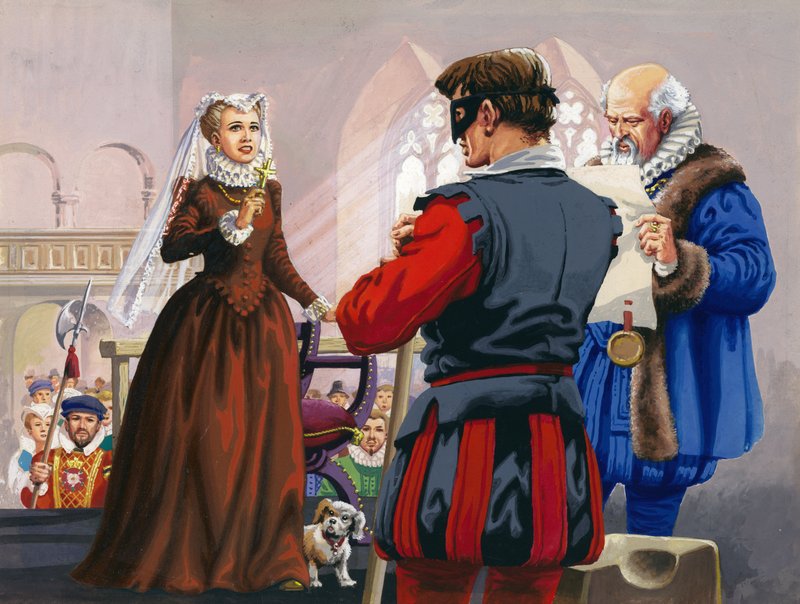 Mary Queen of Scots skal snart halshugges på Fotheringay Castle (gouache på papir) av Pat (1907-95) Nicolle