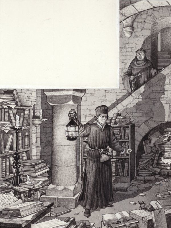 Poggio Bracciolini i det forsømte biblioteket i klosteret St. Gall (gouache på papir) av Pat (1907-95) Nicolle