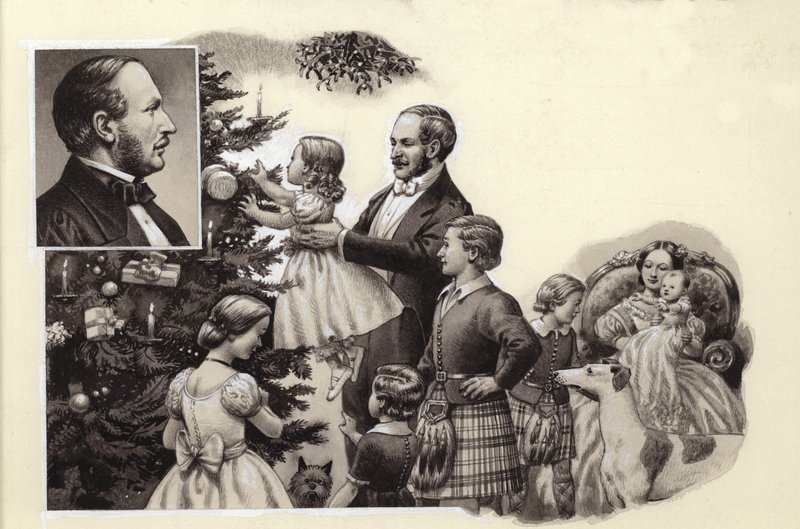Prins Albert og det kongelige juletreet (gouache på papir) av Pat (1907-95) Nicolle