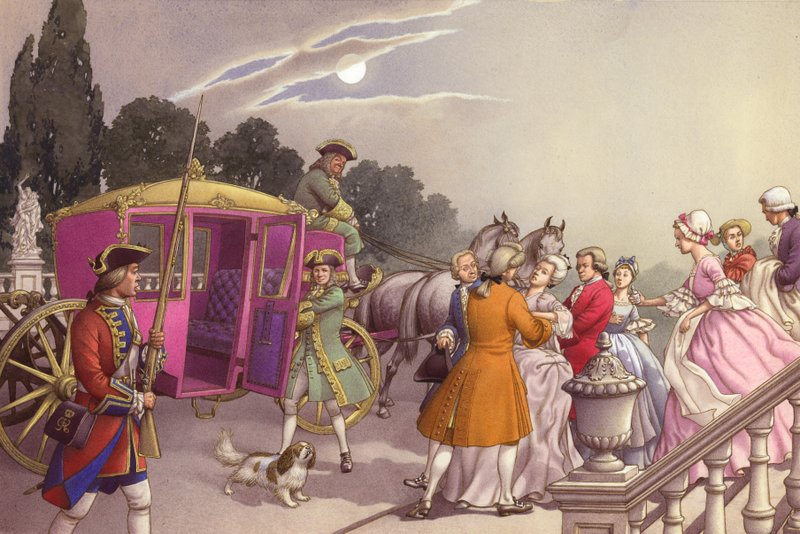 Prinsesse Augusta, som snart skulle føde, ble pakket inn i en karet (gouache på papir) av Pat (1907-95) Nicolle