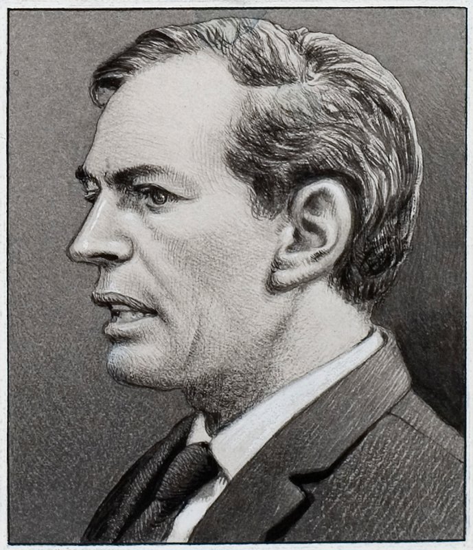 Professor Christiaan Barnard (gouache på papir) av Pat (1907-95) Nicolle