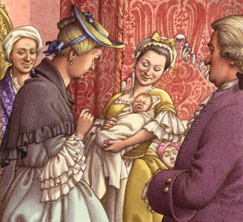 Dronning Caroline holder barnebarnet sitt (gouache på papir) av Pat (1907-95) Nicolle