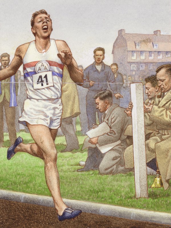Roger Bannister løper den første milen på fire minutter (gouache på papir) av Pat (1907-95) Nicolle