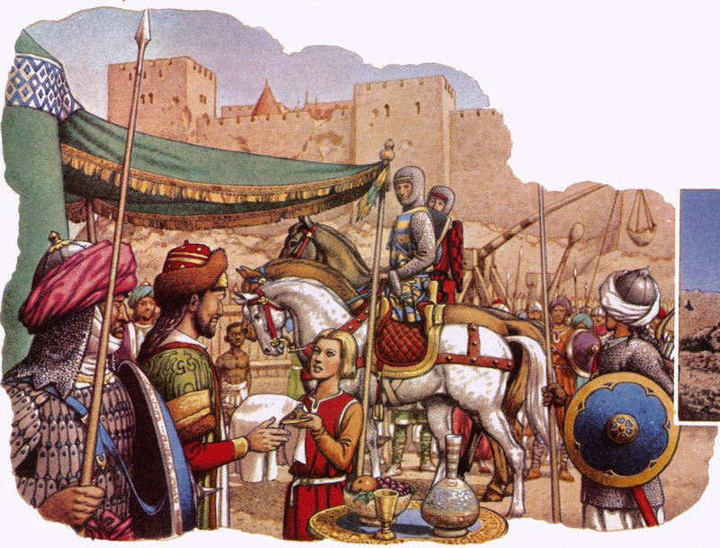 Saladin beleirer Kerak slott av Pat (1907-95) Nicolle