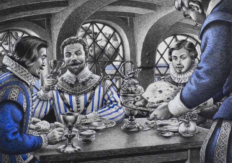 Sir Francis Drake (1540–96) ved bordet (gouache på papir) av Pat (1907-95) Nicolle